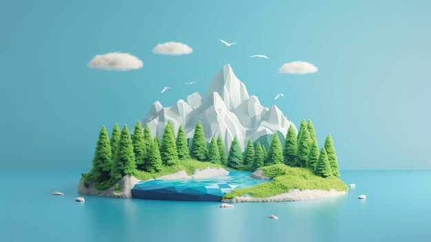 Photo illustration 3d d'un paysage de montagne avec un lac et des arbres la montagne est couverte de neige et les arbres sont verts