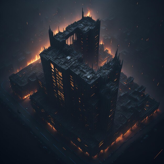 Illustration 3D d'un paysage urbain avec un bâtiment en feu dans une ville nocturne