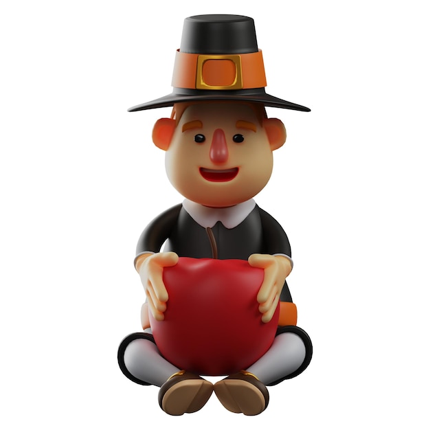 Illustration 3D Le pèlerin de Thanksgiving L'image 3D a de délicieuses pommes assises sur le sol casu