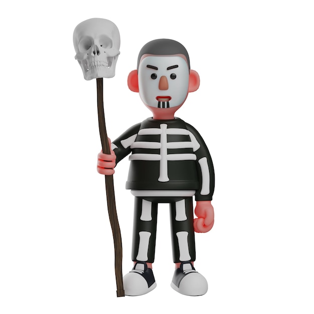 Illustration 3D Personnage 3D Skeleton Boy avec un bâton squelette montrant une expression de colère weari