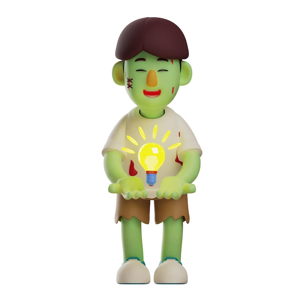 Illustration 3D personnage 3D de zombie avec une ampoule légèrement courbée corps avec un joli sourire