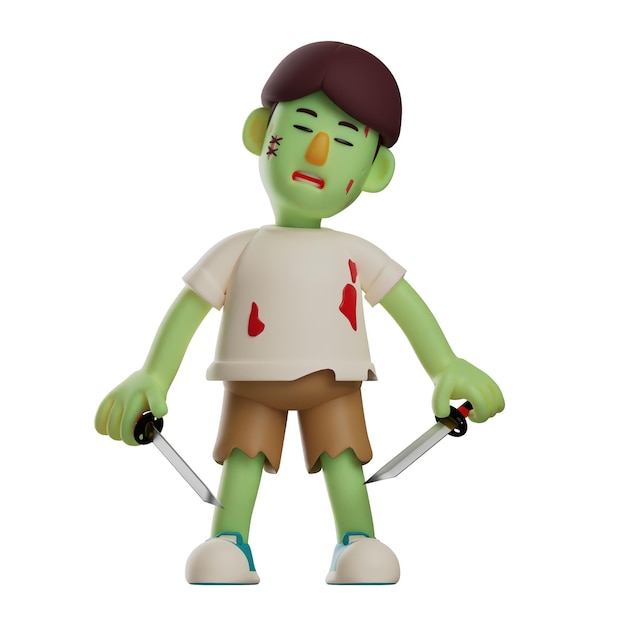 Illustration 3D Le personnage 3D de Zombie a deux lames avec un sourire et des yeux fermés la tête légèrement inclinée