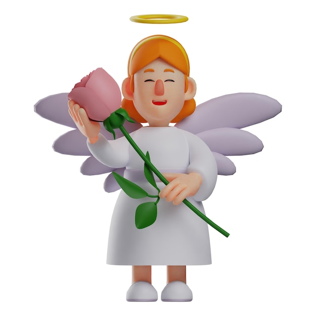 Illustration 3D Personnage d'ange 3D tenant une grande rose ferma les yeux en souriant avec une pose étrange