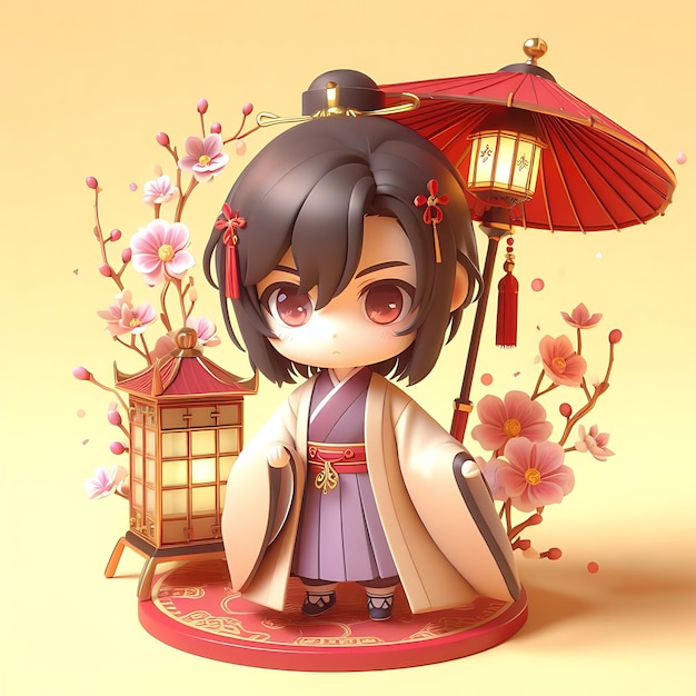 Photo illustration 3d d'un personnage d'animation pour l'anime chibi au nouvel an chinois