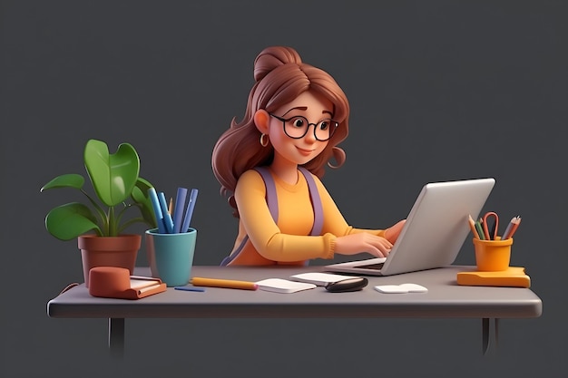 Illustration 3D d'un personnage de concepteur graphique féminin travaillant sur une tablette