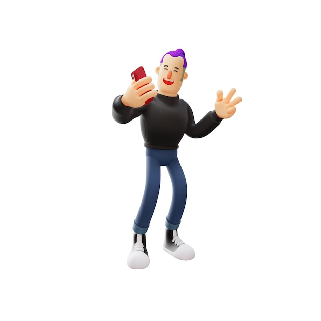Illustration 3D Personnage de dessin animé 3D Happy Face Cool Man avec un téléphone portable avec une pose montrant