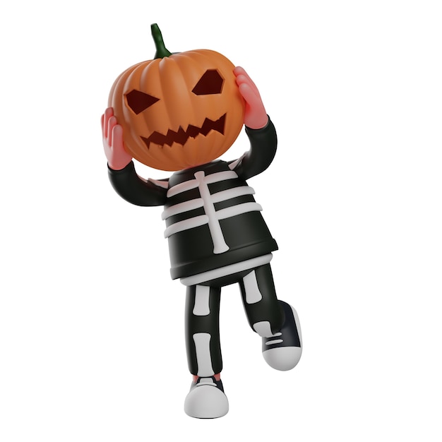 Photo illustration 3d le personnage de dessin animé 3d skeleton boy a une tête de citrouille, les deux mains sont sur la tête
