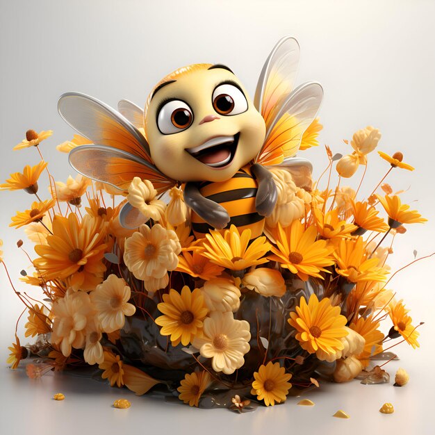 Photo illustration 3d d'un personnage de dessin animé d'abeille dans un nid de fleurs sur fond blanc