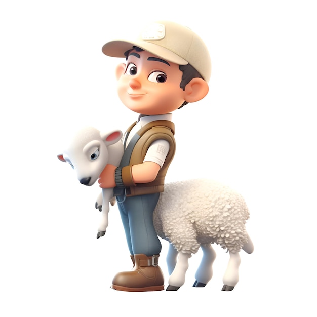 Illustration 3D d'un personnage de dessin animé avec un agneau et un sac à dos