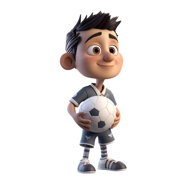 Illustration 3D d'un personnage de dessin animé avec un ballon de football isolé sur fond blanc