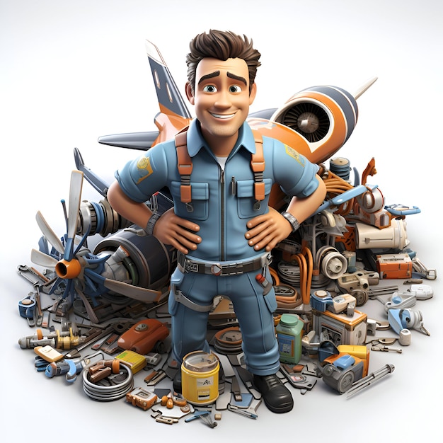 Illustration 3D d'un personnage de dessin animé avec beaucoup d'équipements de construction