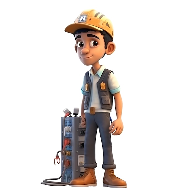 Illustration 3D d'un personnage de dessin animé avec une boîte à outils et un casque