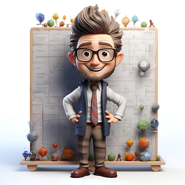 Illustration 3D d'un personnage de dessin animé de garçon debout devant un conseil scolaire.