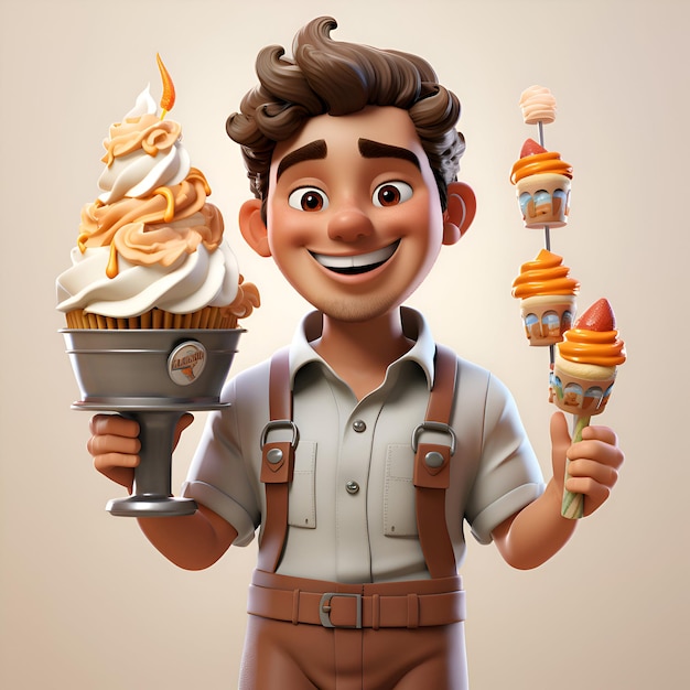 Illustration 3D d'un personnage de dessin animé avec glace et cupcake