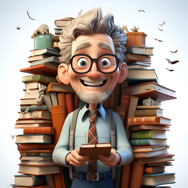 Illustration 3D d'un personnage de dessin animé avec une grande pile de livres