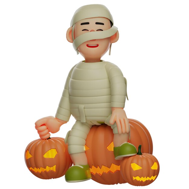 Illustration 3D Personnage de dessin animé mignon momie 3D avec décoration emblématique d'Halloween assis portant