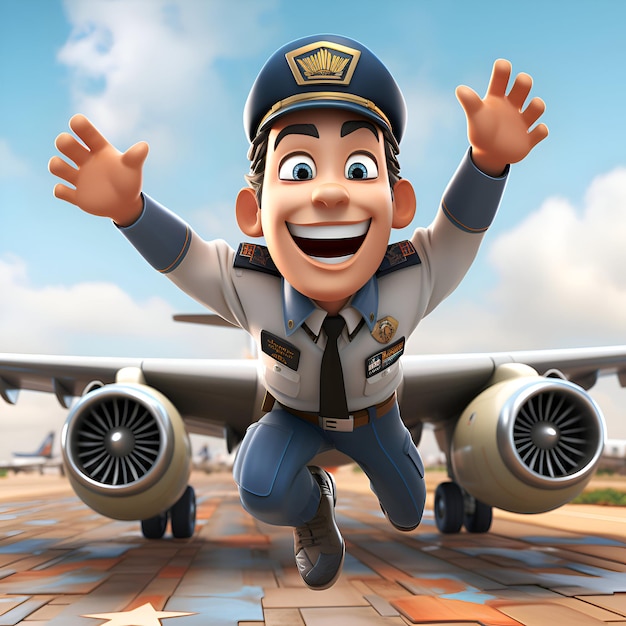 Photo illustration 3d d'un personnage de dessin animé policier avec un avion sur la piste