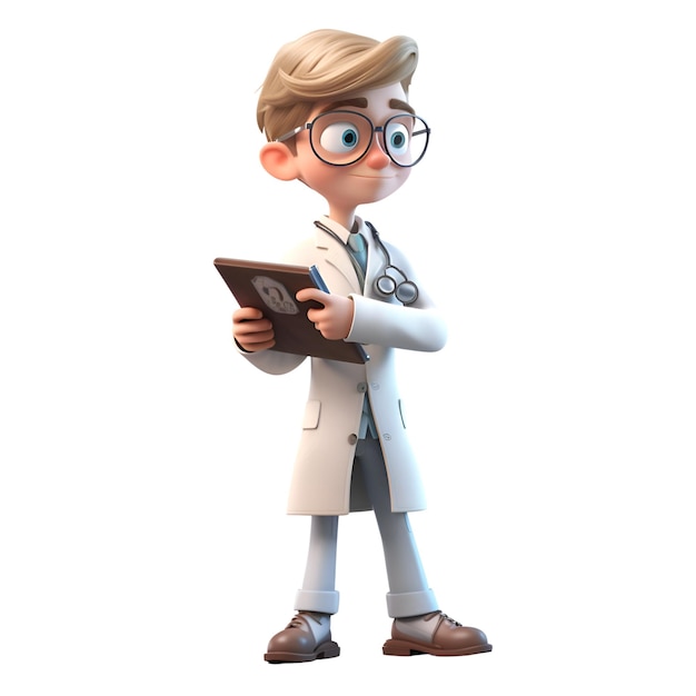 Illustration 3D d'un personnage de dessin animé avec un stéthoscope et des lunettes