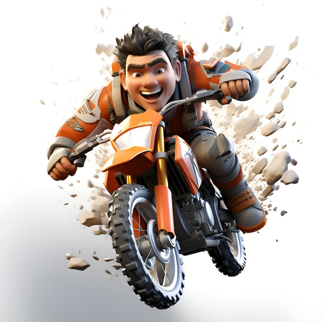 Illustration 3D d'un personnage de dessin animé sur un vélo de motocross