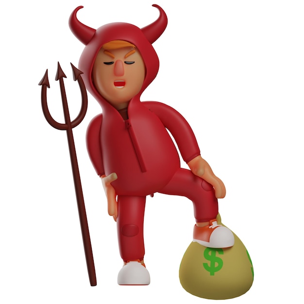 Illustration 3D Le personnage du Diable Rouge debout sur le côté avec un sac d'argent les yeux fermés