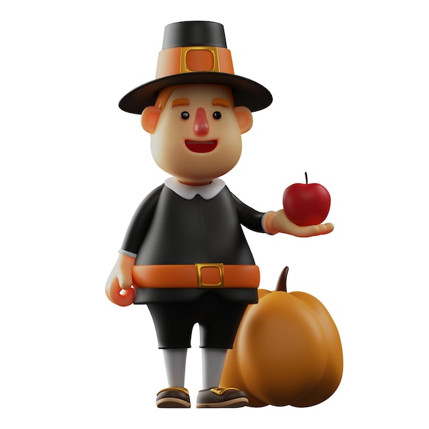 Illustration 3D Le personnage du pèlerin de Thanksgiving 3D avec une pomme et une citrouille en montrant un mignon sourire