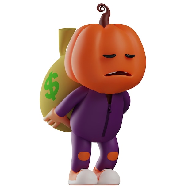 Illustration 3D Personnage épouvantail d'Halloween en 3D serrant un lourd sac d'argent à pied avec un peu