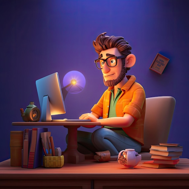 Illustration 3d d'un personnage masculin travaillant sur le bureau avec un ordinateur portable généré par l'IA
