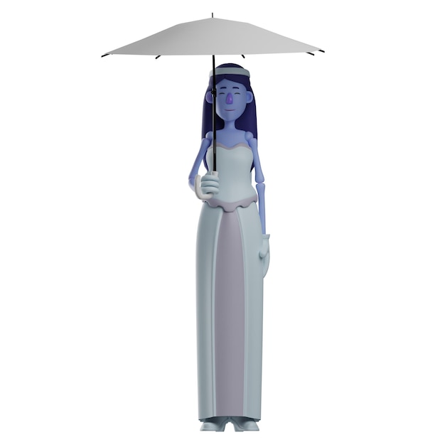 Illustration 3D le personnage de Skeleton Princess a un parapluie debout dans une pose gracieuse