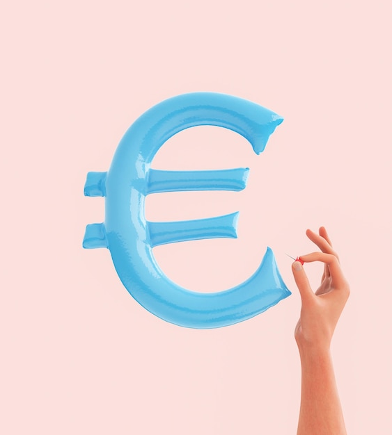 Illustration 3D d'une personne méconnaissable perçant le symbole gonflable de l'euro