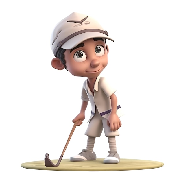 Illustration 3D d'un petit garçon avec un club de golf sur fond blanc