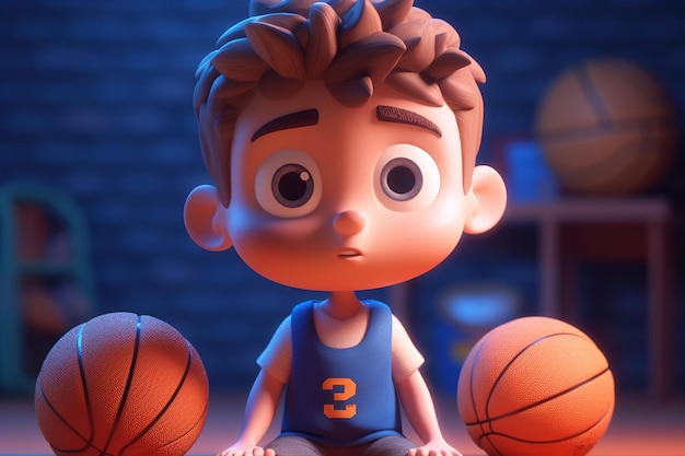 Illustration 3D d'un petit garçon jouant au basket