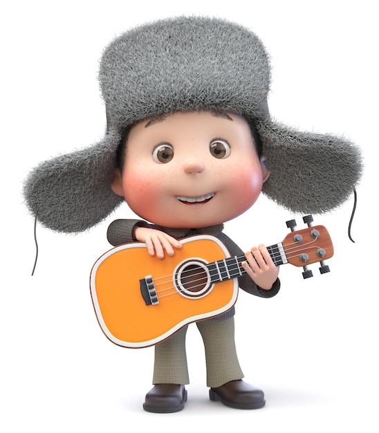 Illustration 3d d'un petit garçon en vêtements d'hiver avec une guitare