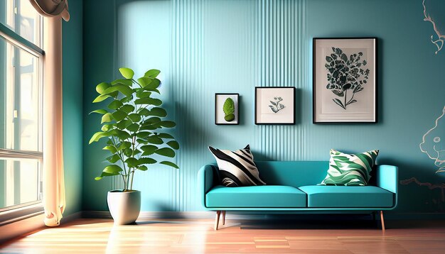 Photo illustration 3d d'un petit salon avec une plante à feuilles vertes sur le mur bleu