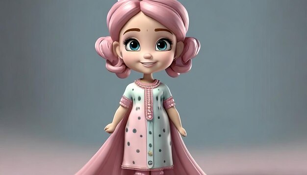 Illustration 3D d'une petite fille mignonne aux cheveux roses et aux rêves roses