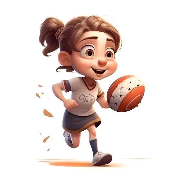 Illustration 3D d'une petite fille mignonne courant avec un ballon de football