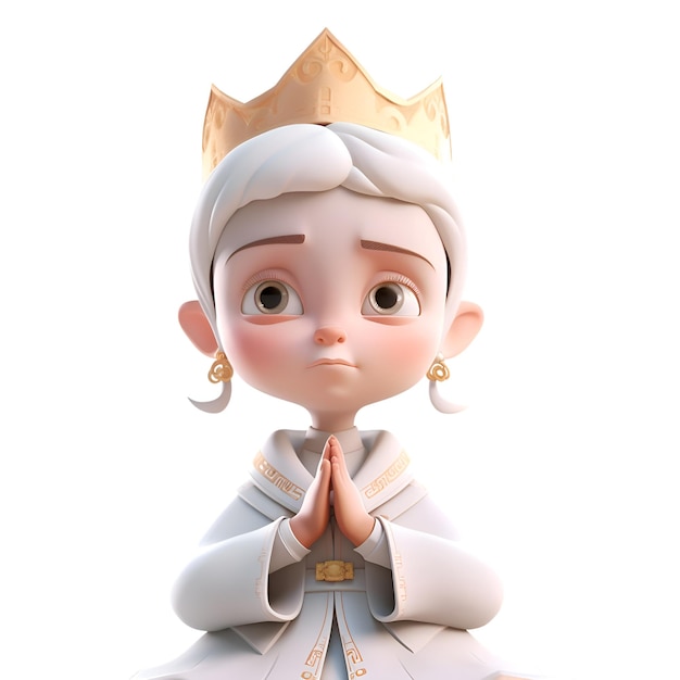 Illustration 3D d'une petite fille priant avec une couronne sur la tête