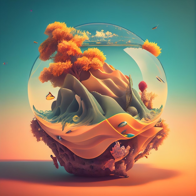 Photo illustration 3d d'une petite planète avec une île dedans