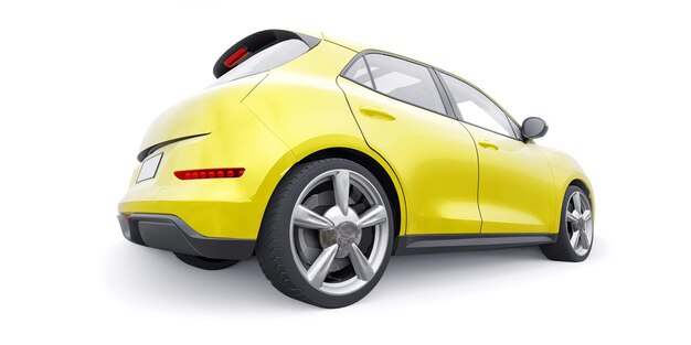 Illustration 3D de la petite voiture à hayon électrique jaune mignonne
