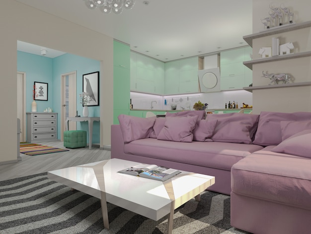 Illustration 3D de petits appartements aux couleurs pastel.