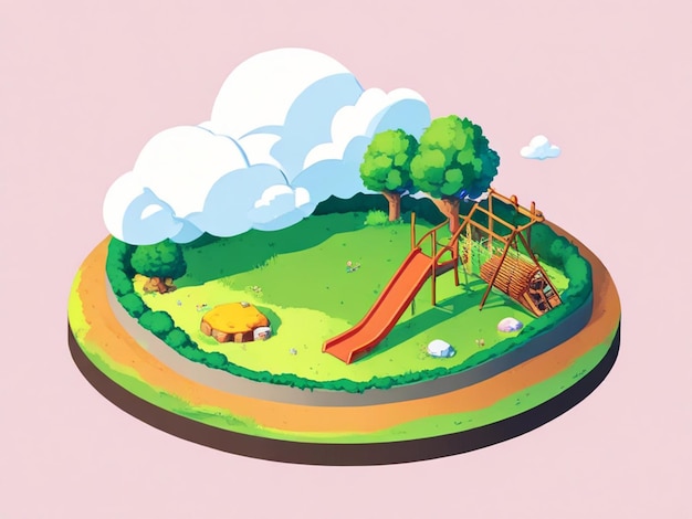 Illustration 3D d'une pièce isométrique ronde d'une aire de jeux ou d'une ferme isolée avec des nuages sur une tranche de terre