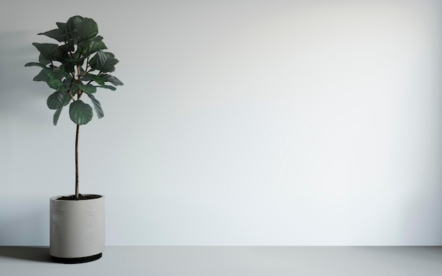 Illustration 3D d'une pièce lumineuse avec des murs blancs et un sol beige et avec une plante haute en pot