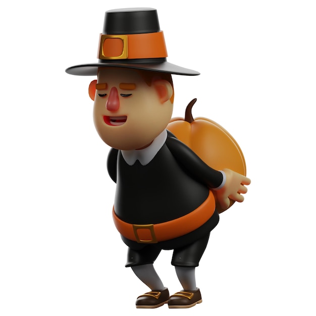 Illustration 3D Pilgrim de Thanksgiving Design de dessins animés portant une citrouille sur son backshowing