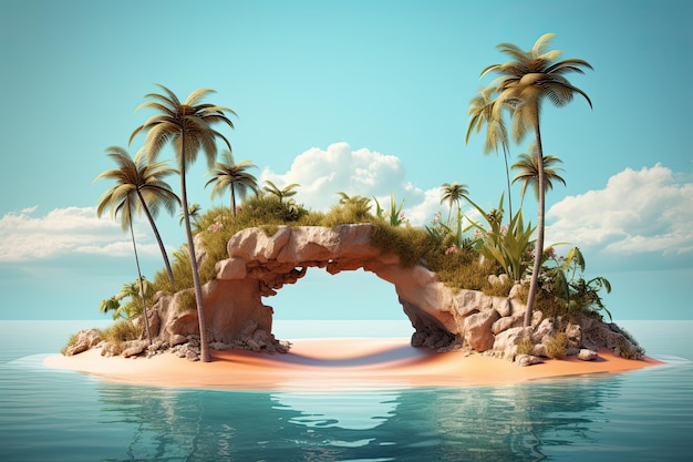 Photo illustration 3d d'une piscine avec du sable de plage sur la surface d'une île tropicale isolée