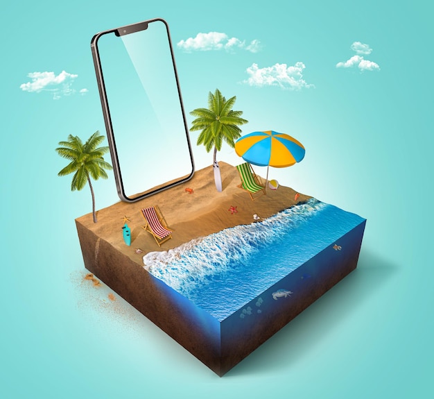 Illustration 3d de plage isométrique avec palmiers et océan bleu isolé avec téléphone. plage cubique