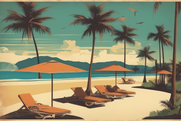 Illustration 3D d'une plage tropicale avec des palmiers, d'un beau paysage avec un beau coucher de soleil