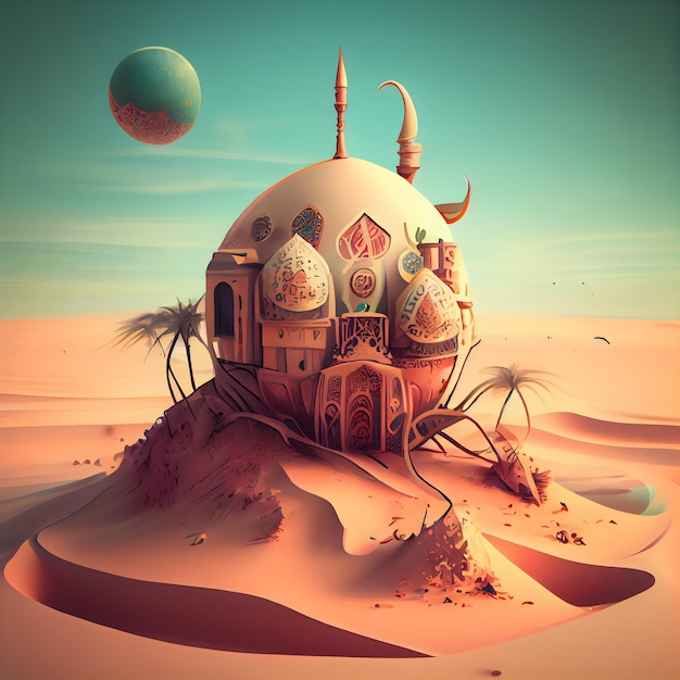 Illustration 3D d'une planète fantastique dans le désert et d'une mosquée