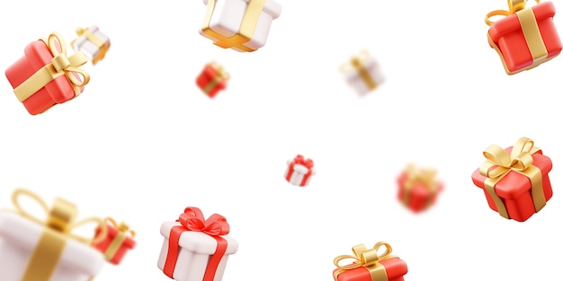 Illustration 3D de pluie de nombreux cadeaux d'or blanc et d'or rouge avec un fond blanc.