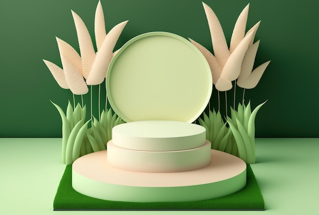 Illustration 3d d'un podium d'herbe verte sur fond naturel