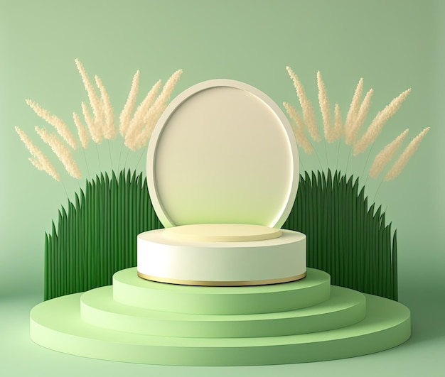 Illustration 3d d'un podium rond sur fond d'herbe verte