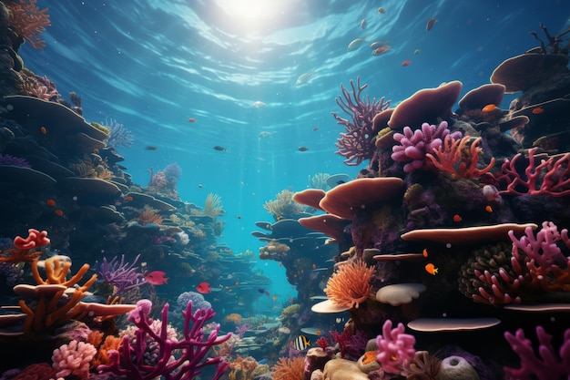 Illustration 3D de poissons tropicaux colorés sous-marins dans le récif de corail
